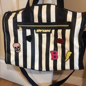 Betsey Johnson Black and White Striped Travel Bag with Playful Patches